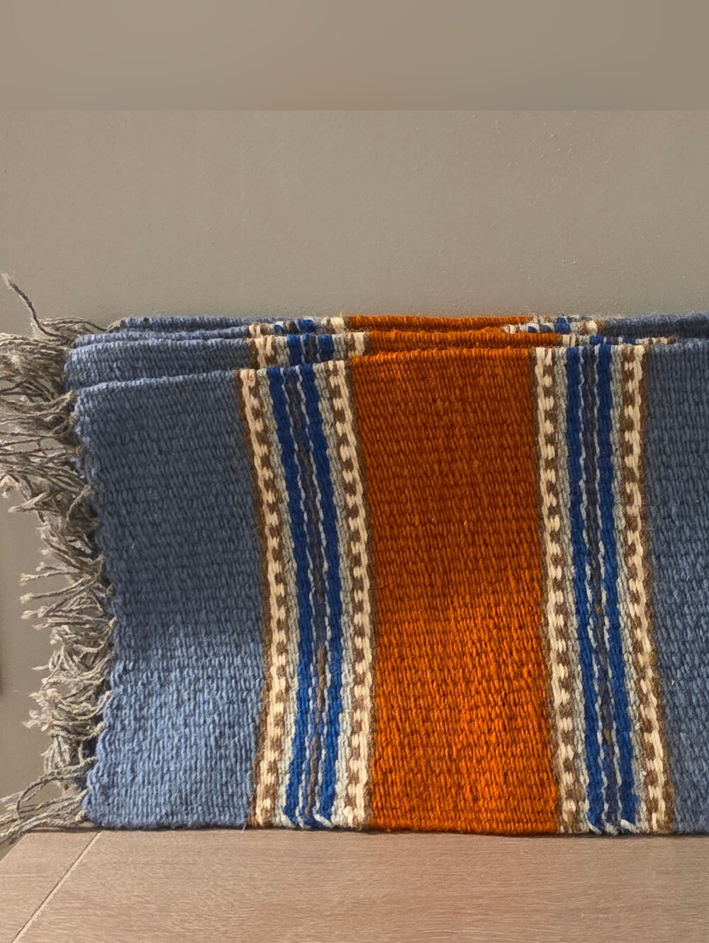 5 Vintage Western Boho Blue Orange Fringe Handmade Knitted Wool Placemats